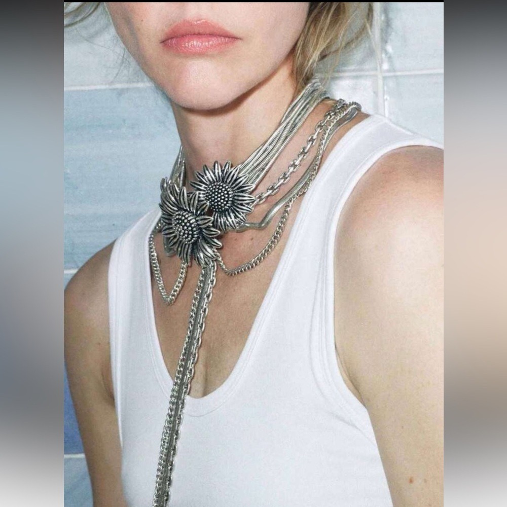 Stainless Steel Sunflower Choker Necklace & Earrings Set Boho Statement Silver - Picture 4 of 10
